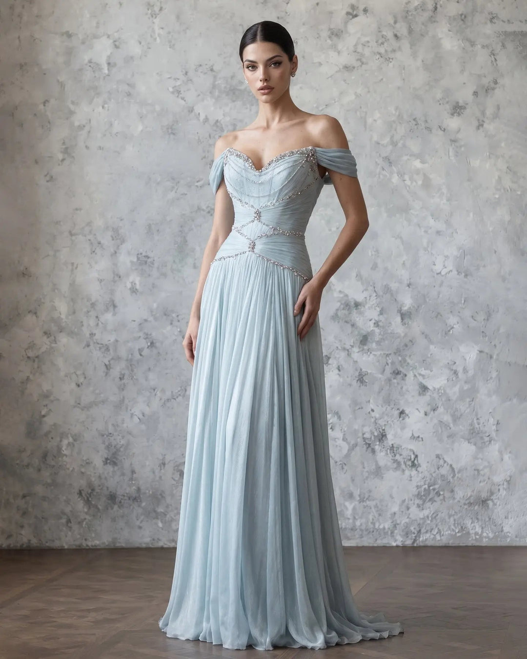 Ice blue off-shoulder beaded chiffon A-line evening dress SS673 front view