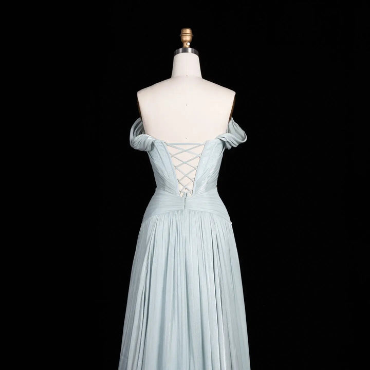 Ice blue off-shoulder beaded chiffon A-line evening dress SS673 view 2