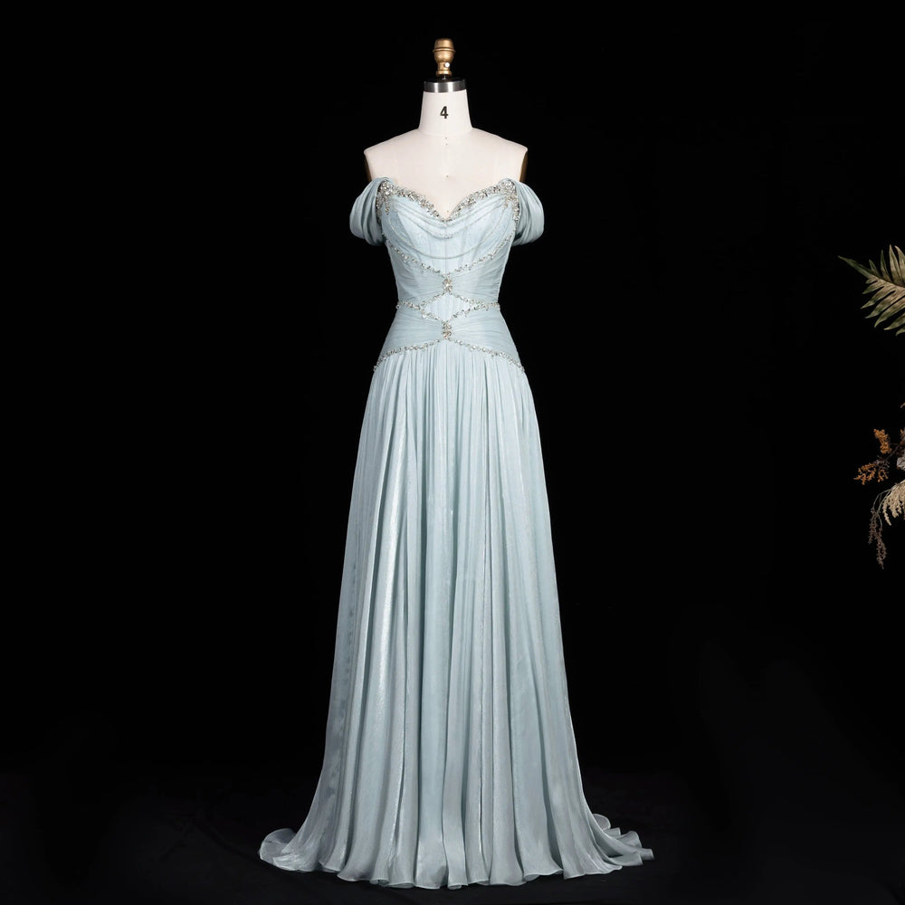 Ice blue off-shoulder beaded chiffon A-line evening dress SS673 view 3