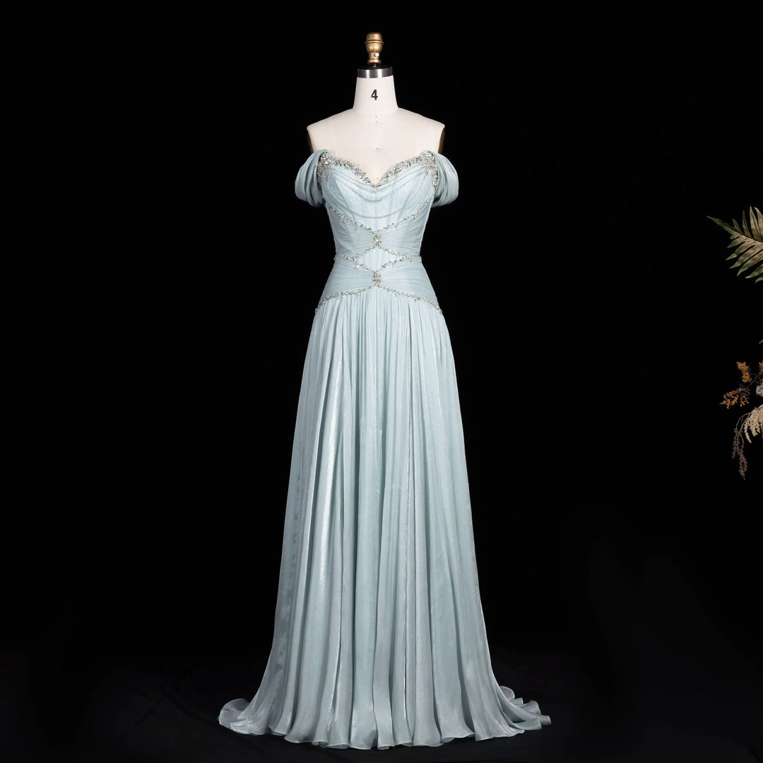 Ice blue off-shoulder beaded chiffon A-line evening dress SS673 view 3