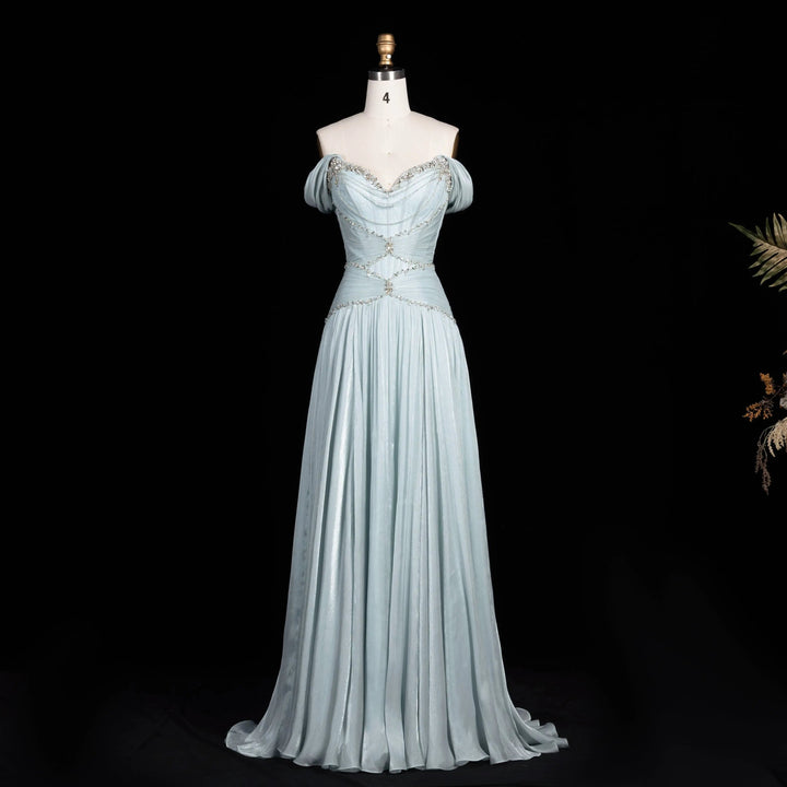 Ice blue off-shoulder beaded chiffon A-line evening dress SS673 view 3