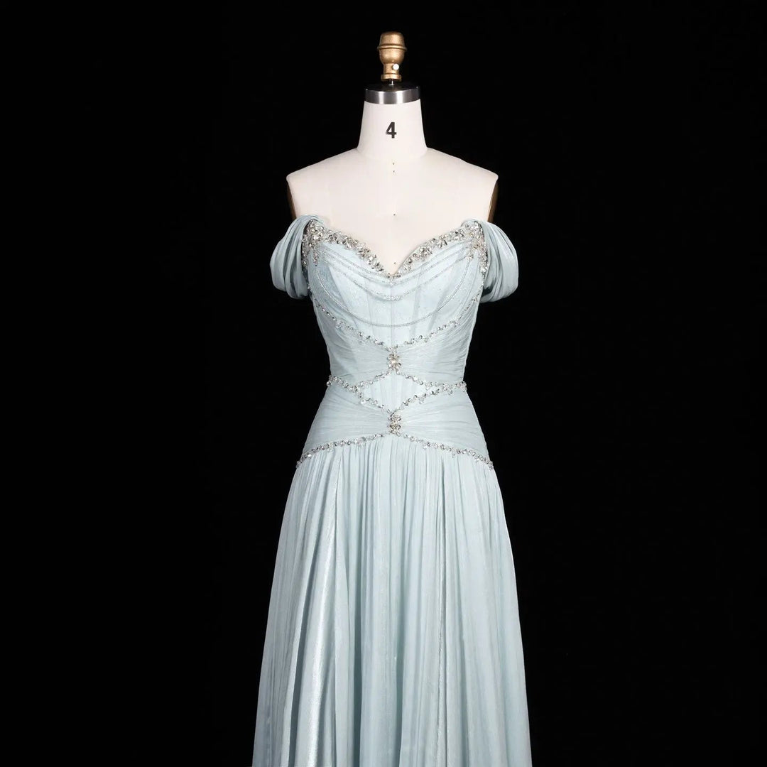 Ice blue off-shoulder beaded chiffon A-line evening dress SS673 view 4