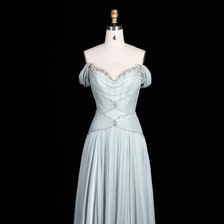 Ice blue off-shoulder beaded chiffon A-line evening dress SS673 view 4