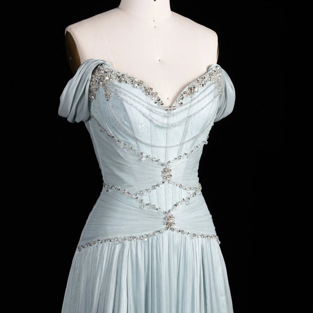 Ice blue off-shoulder beaded chiffon A-line evening dress SS673 view 5