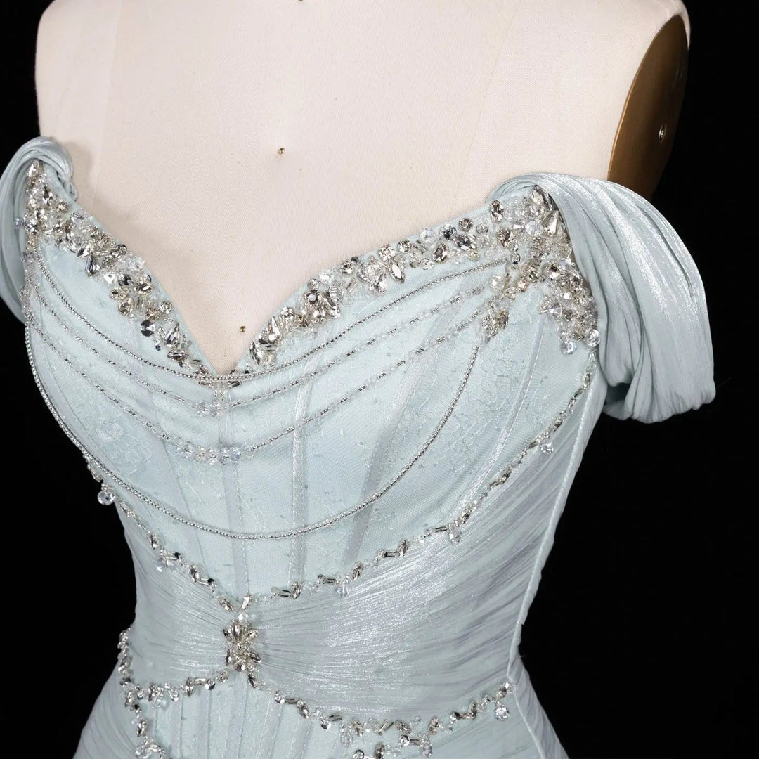 Ice blue off-shoulder beaded chiffon A-line evening dress SS673 view 6