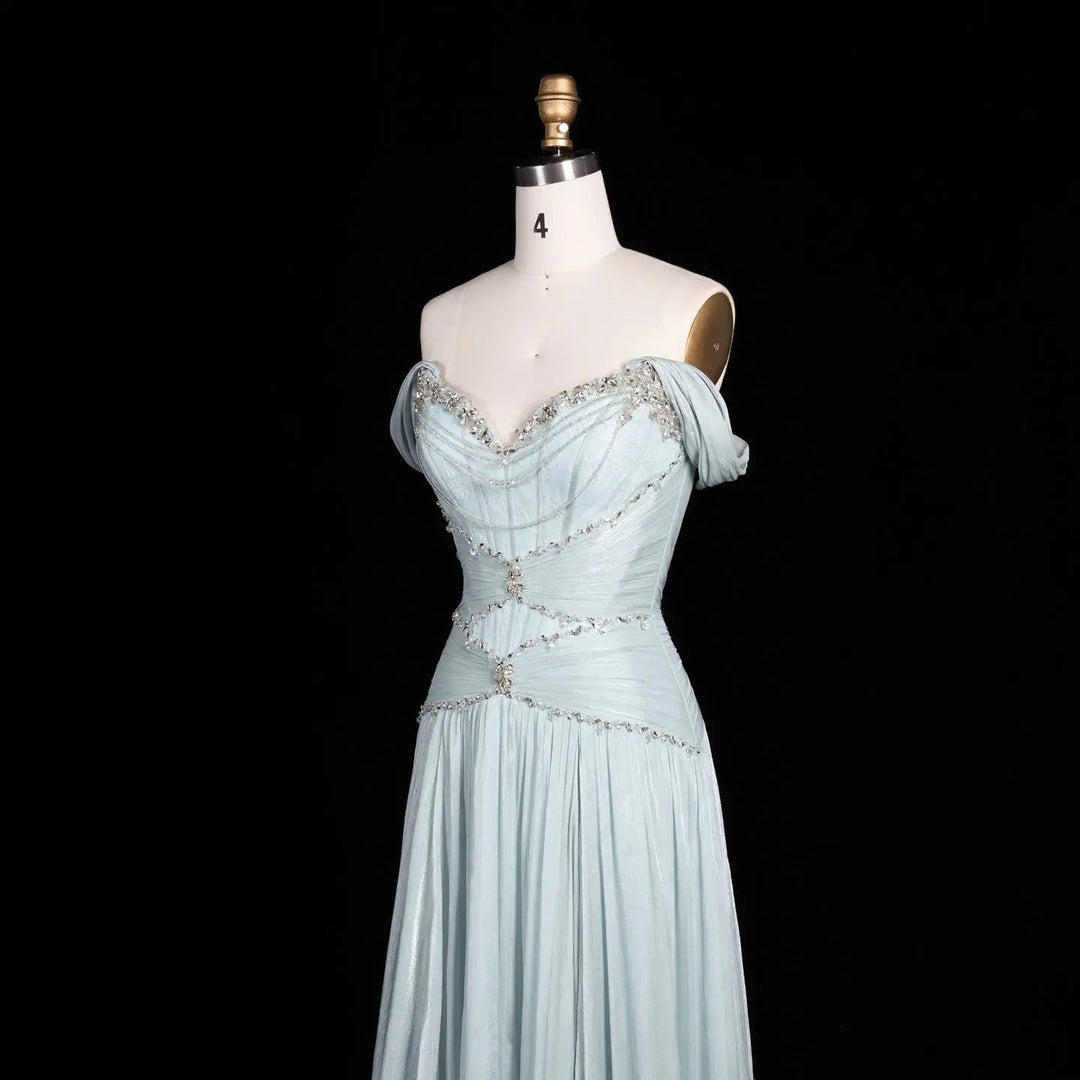 Ice blue off-shoulder beaded chiffon A-line evening dress SS673 view 7