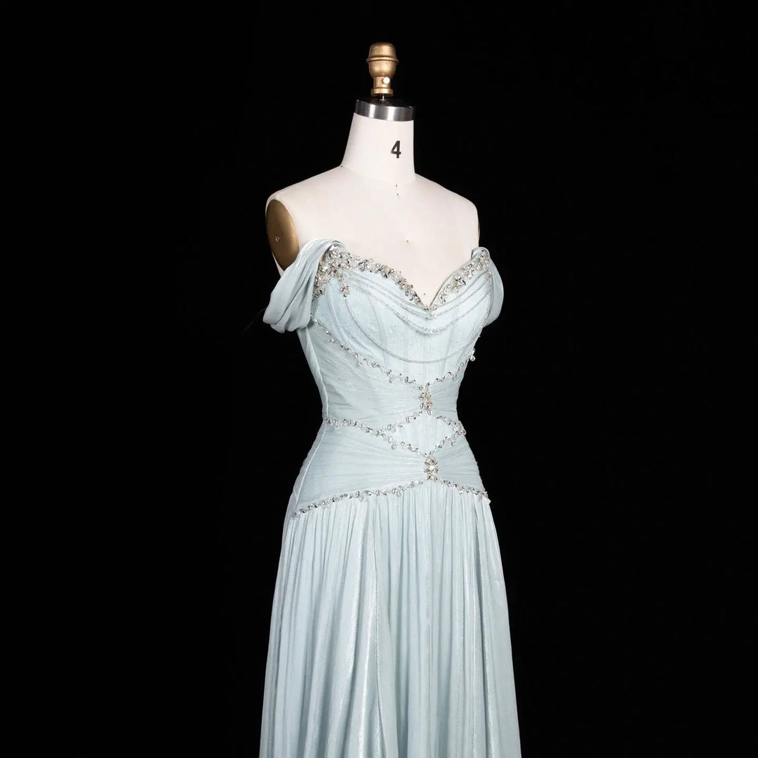 Ice blue off-shoulder beaded chiffon A-line evening dress SS673 view 8
