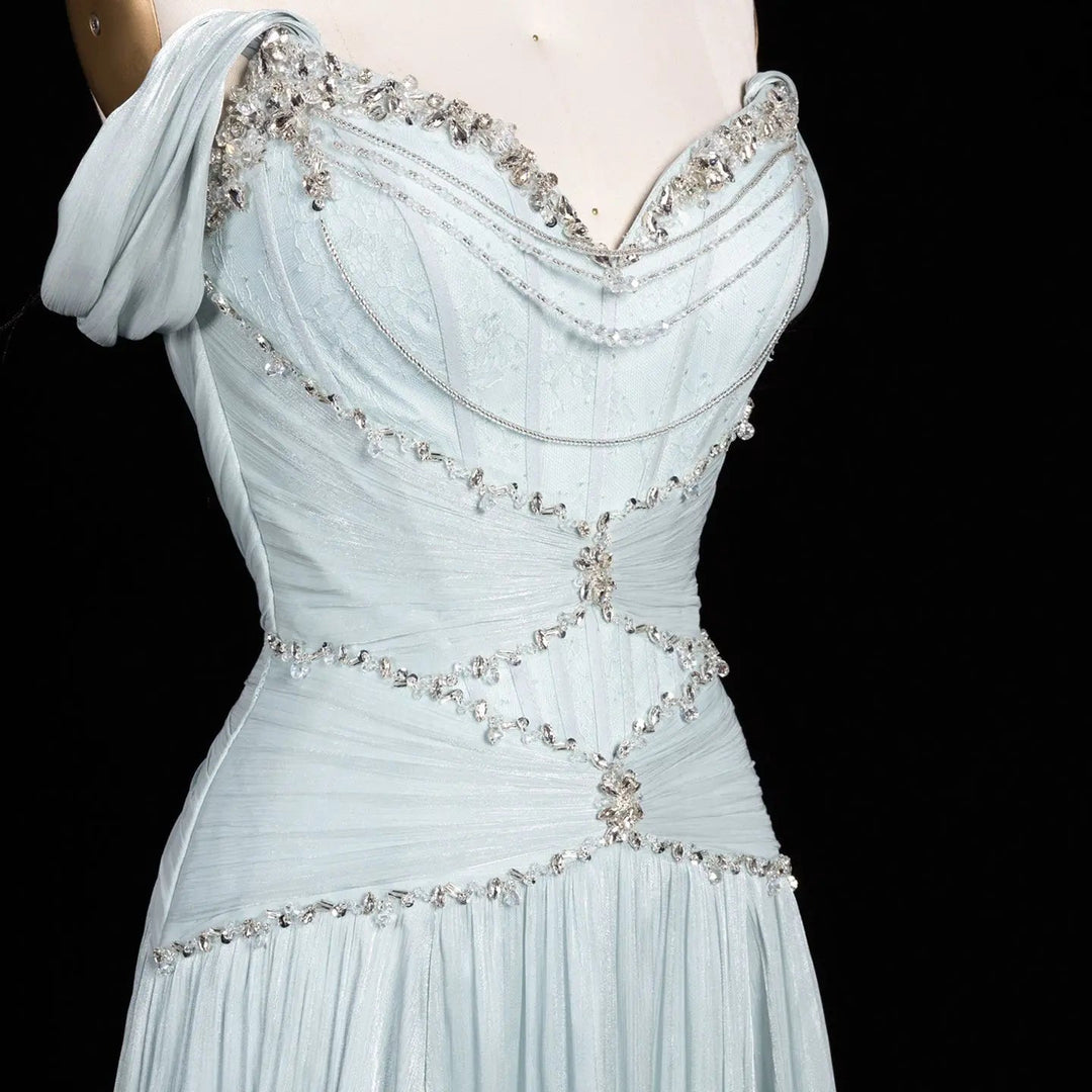 Ice blue off-shoulder beaded chiffon A-line evening dress SS673 view 9