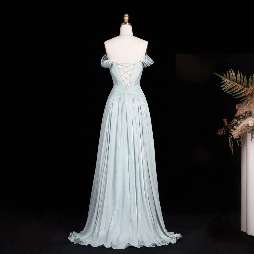 Ice blue off-shoulder beaded chiffon A-line evening dress SS673 view 10