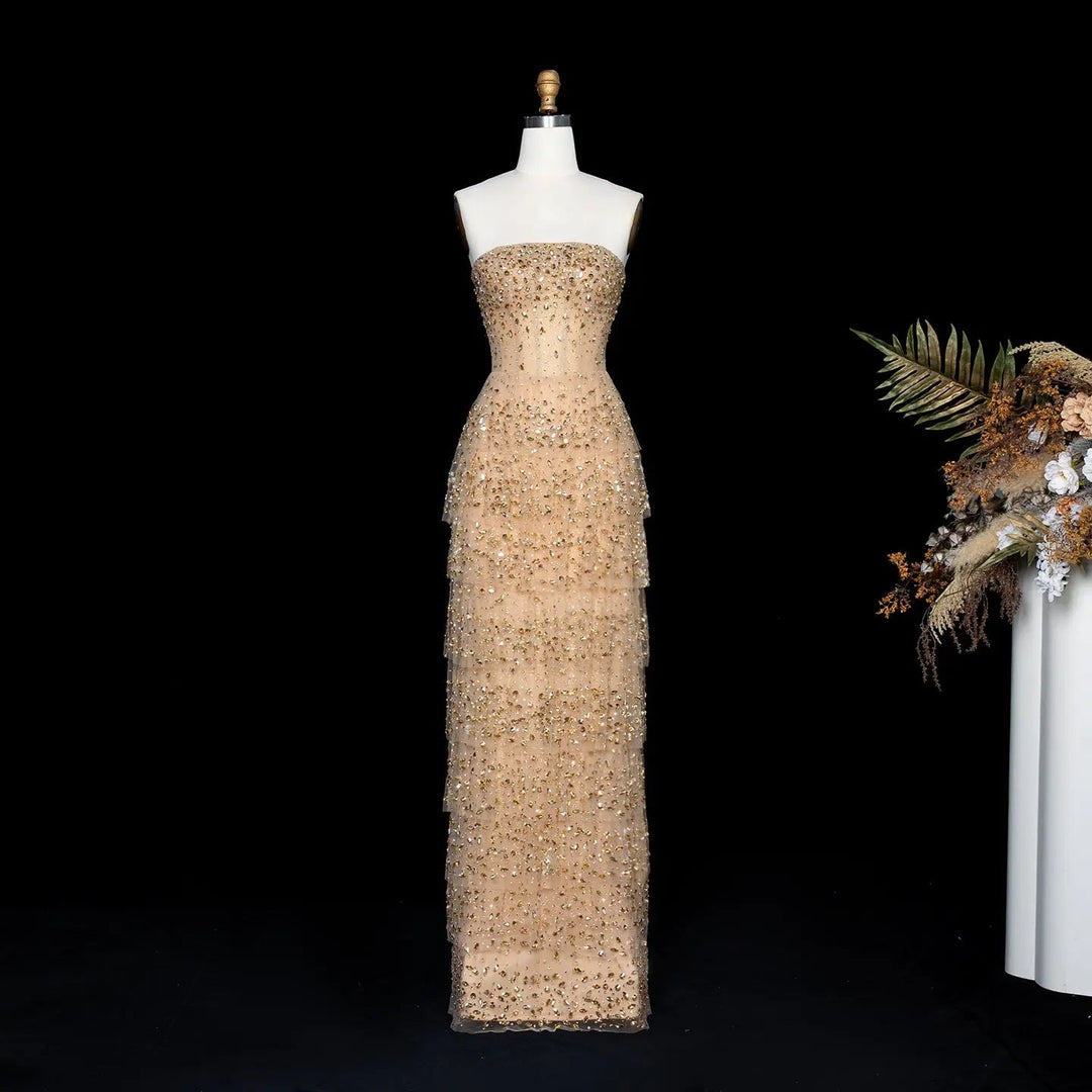 Dreamy Vow SS720 champagne crystal strapless sheath evening dress front view