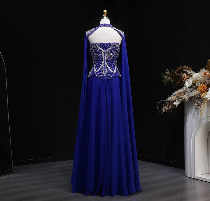 Dreamy Vow SS757 royal blue high neck beaded A-line evening dress back full