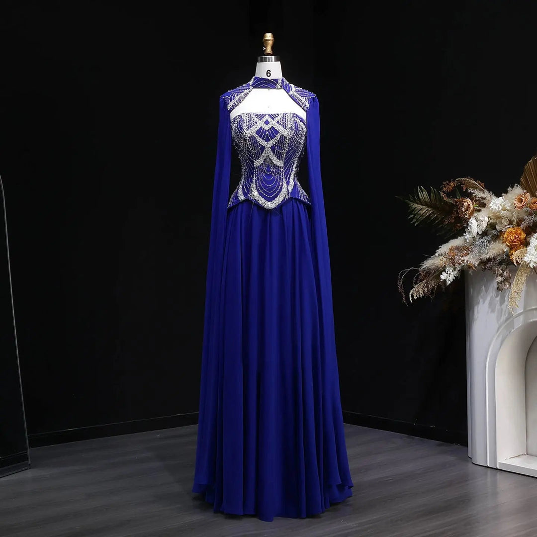 Dreamy Vow SS757 royal blue high neck beaded A-line evening dress front full