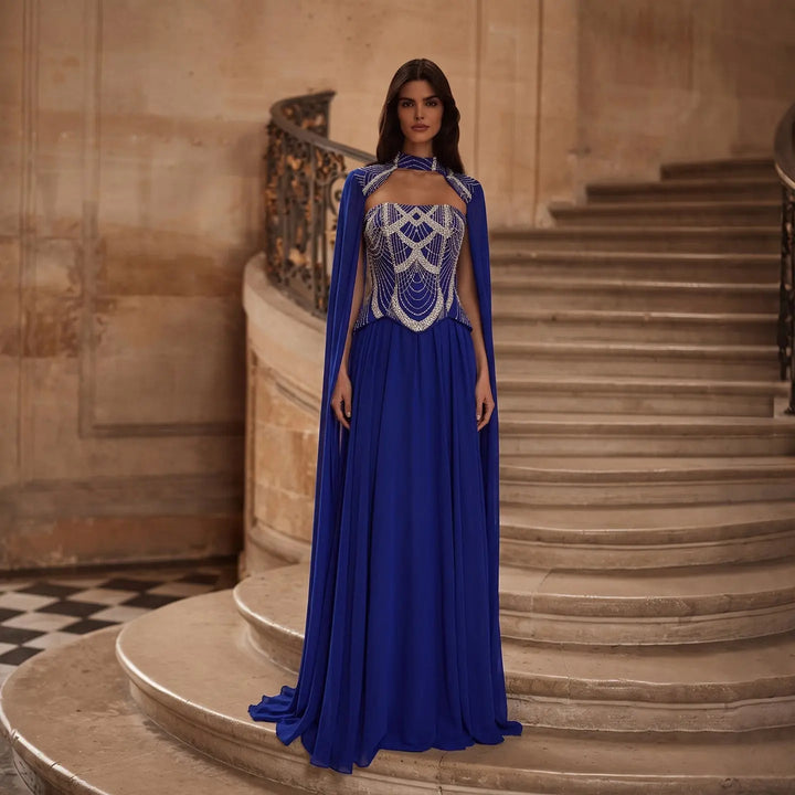 Dreamy Vow SS757 royal blue high neck beaded A-line evening dress model front