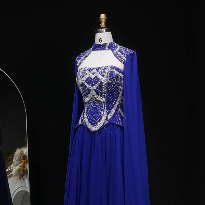 Dreamy Vow SS757 royal blue high neck beaded bodice detail