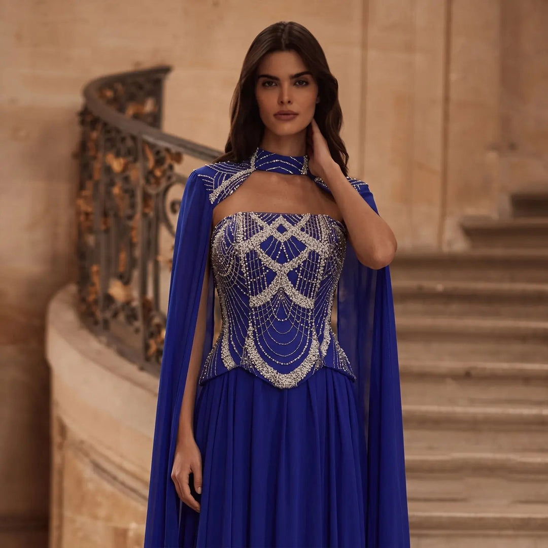 Dreamy Vow SS757 royal blue beaded high neck evening dress model bodice front