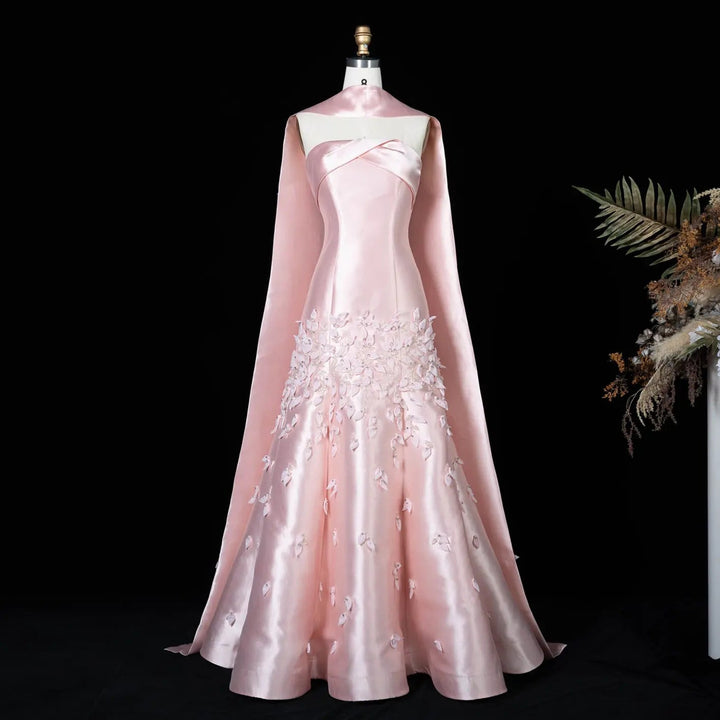 Luxury 3D Leaves Blush Pink Satin Evening Dress with Cape SS463