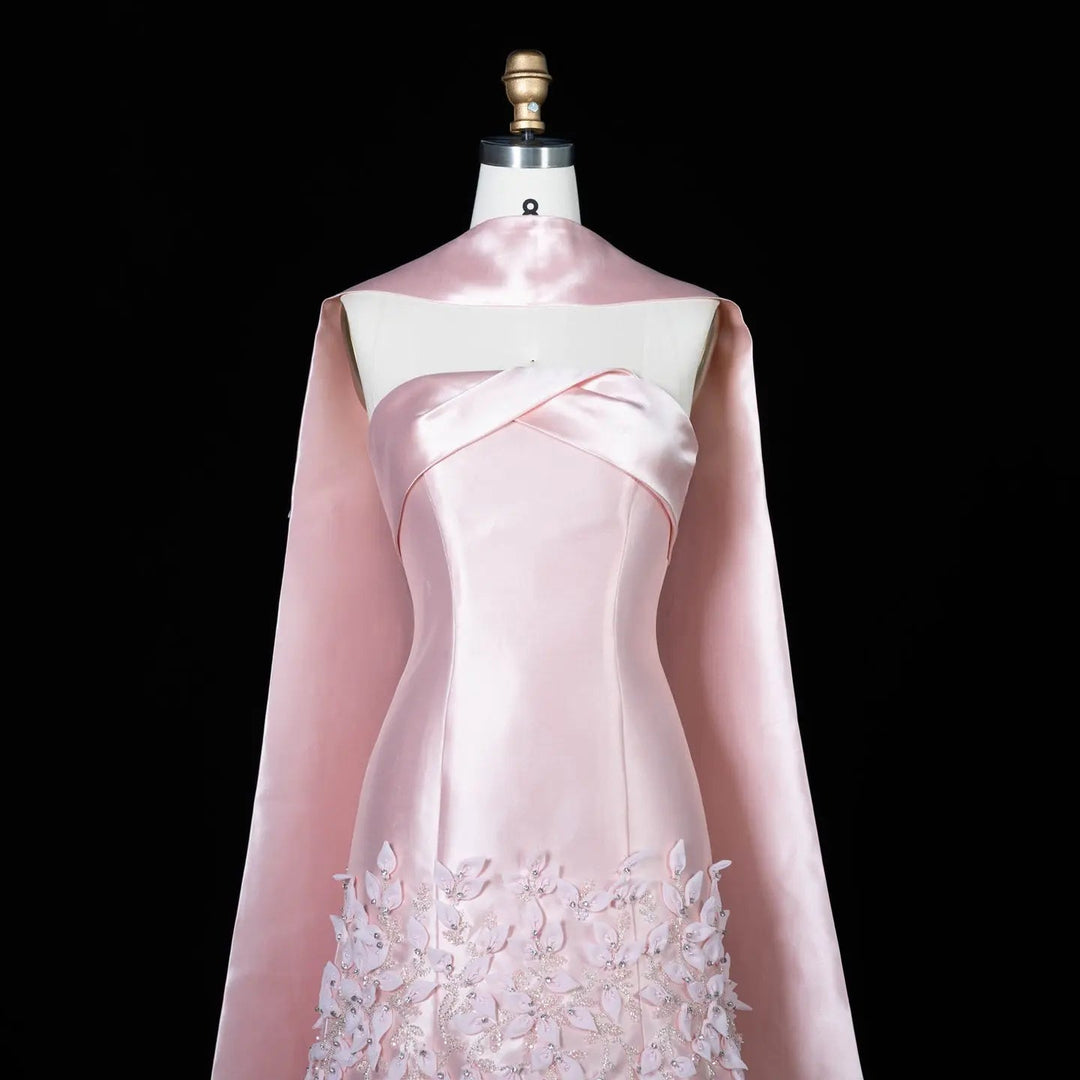 Luxury 3D Leaves Blush Pink Satin Evening Dress with Cape SS463