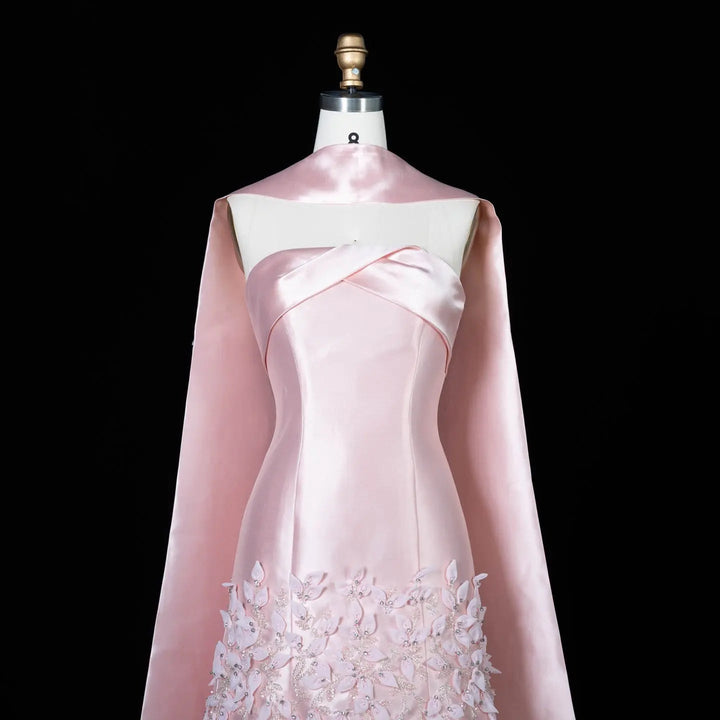 Luxury 3D Leaves Blush Pink Satin Evening Dress with Cape SS463