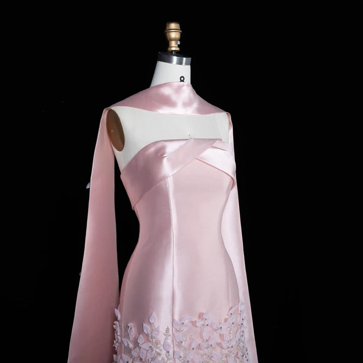 Luxury 3D Leaves Blush Pink Satin Evening Dress with Cape SS463