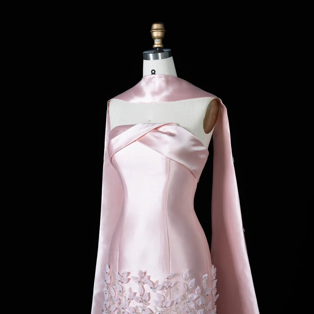 Luxury 3D Leaves Blush Pink Satin Evening Dress with Cape SS463