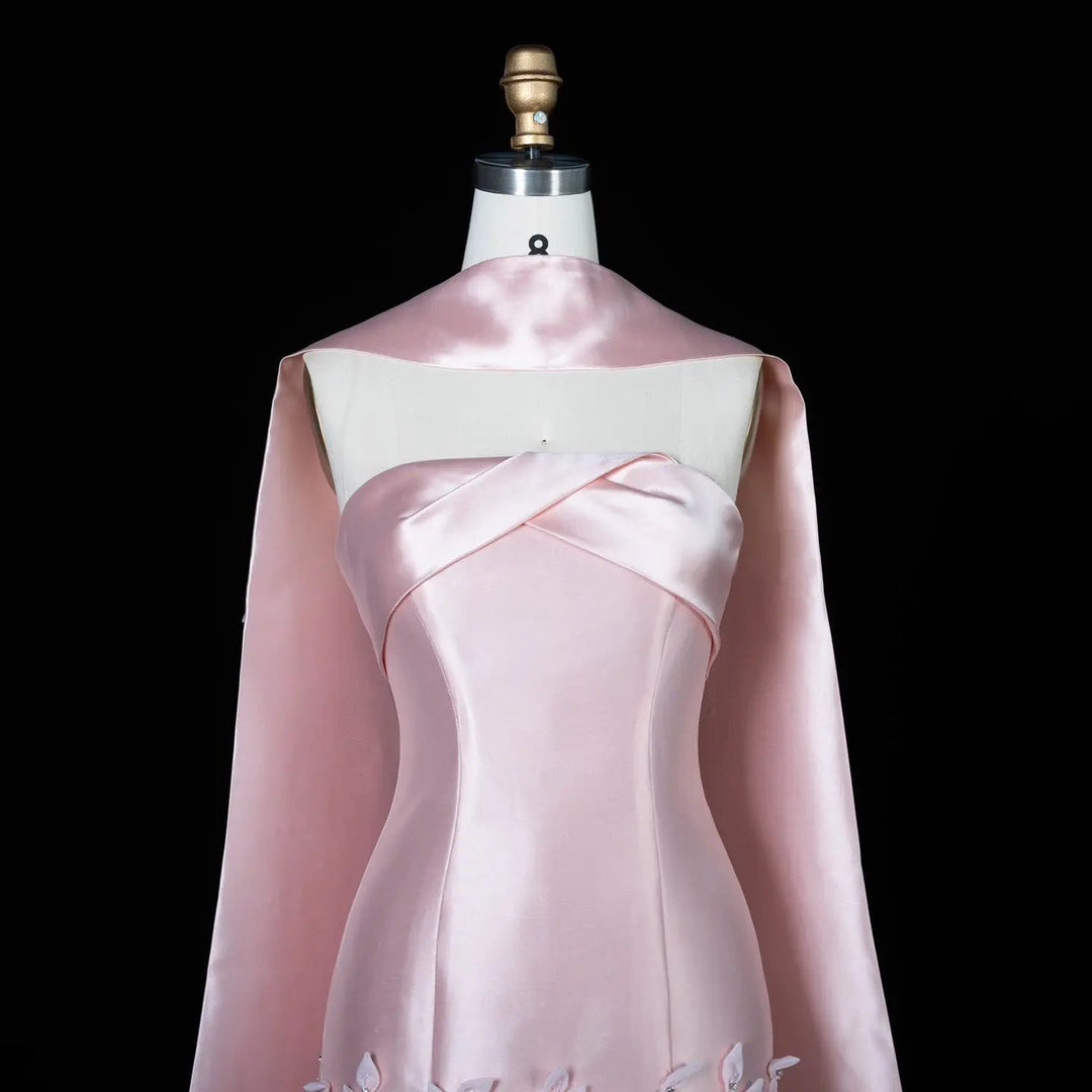 Luxury 3D Leaves Blush Pink Satin Evening Dress with Cape SS463