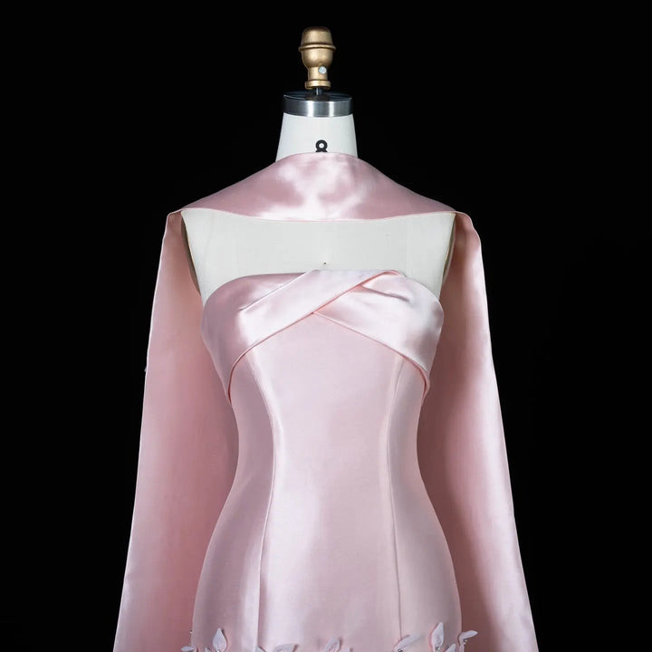 Luxury 3D Leaves Blush Pink Satin Evening Dress with Cape SS463