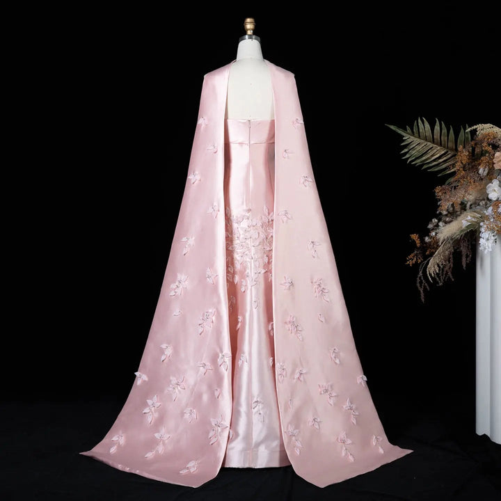 Luxury 3D Leaves Blush Pink Satin Evening Dress with Cape SS463
