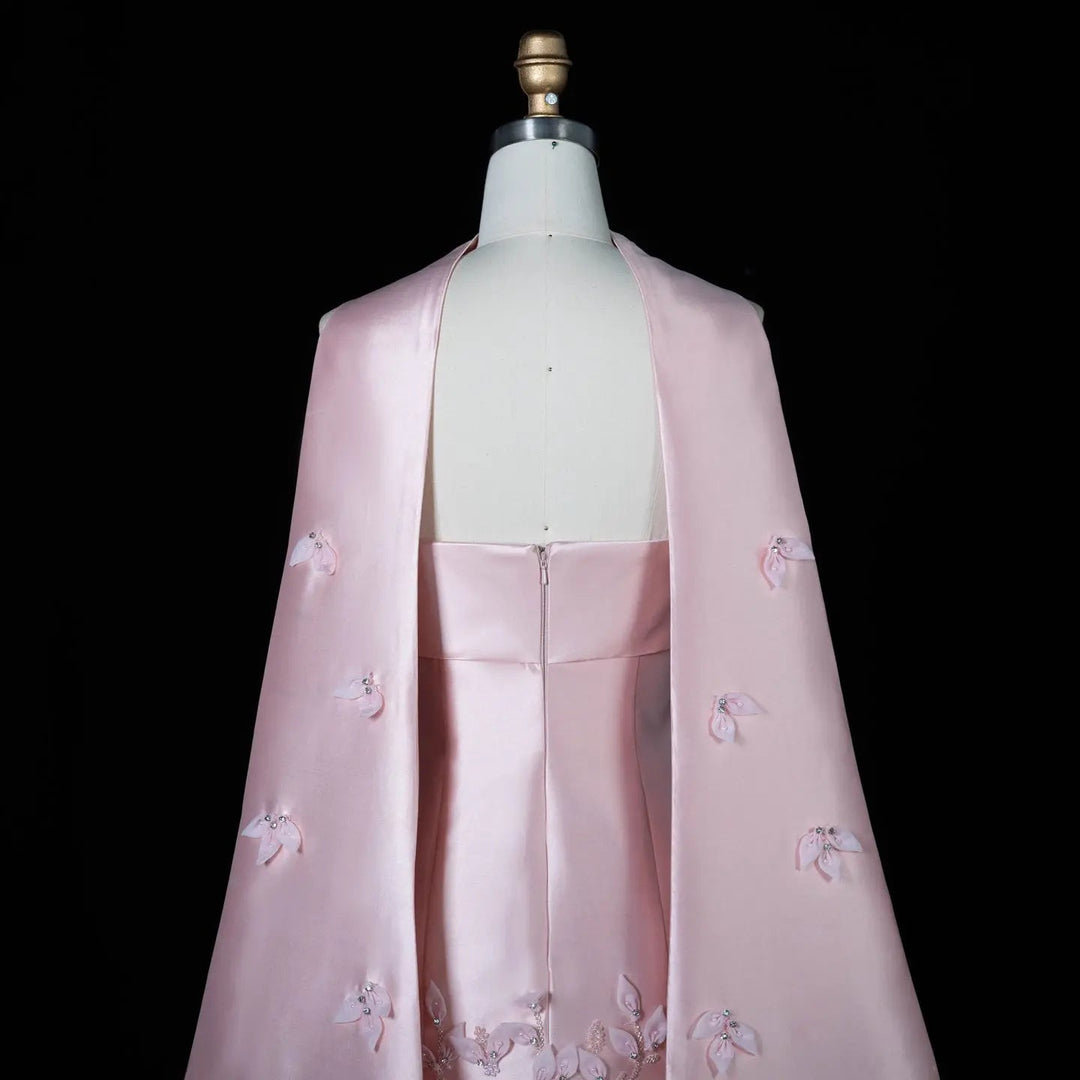 Luxury 3D Leaves Blush Pink Satin Evening Dress with Cape SS463