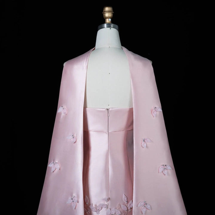 Luxury 3D Leaves Blush Pink Satin Evening Dress with Cape SS463