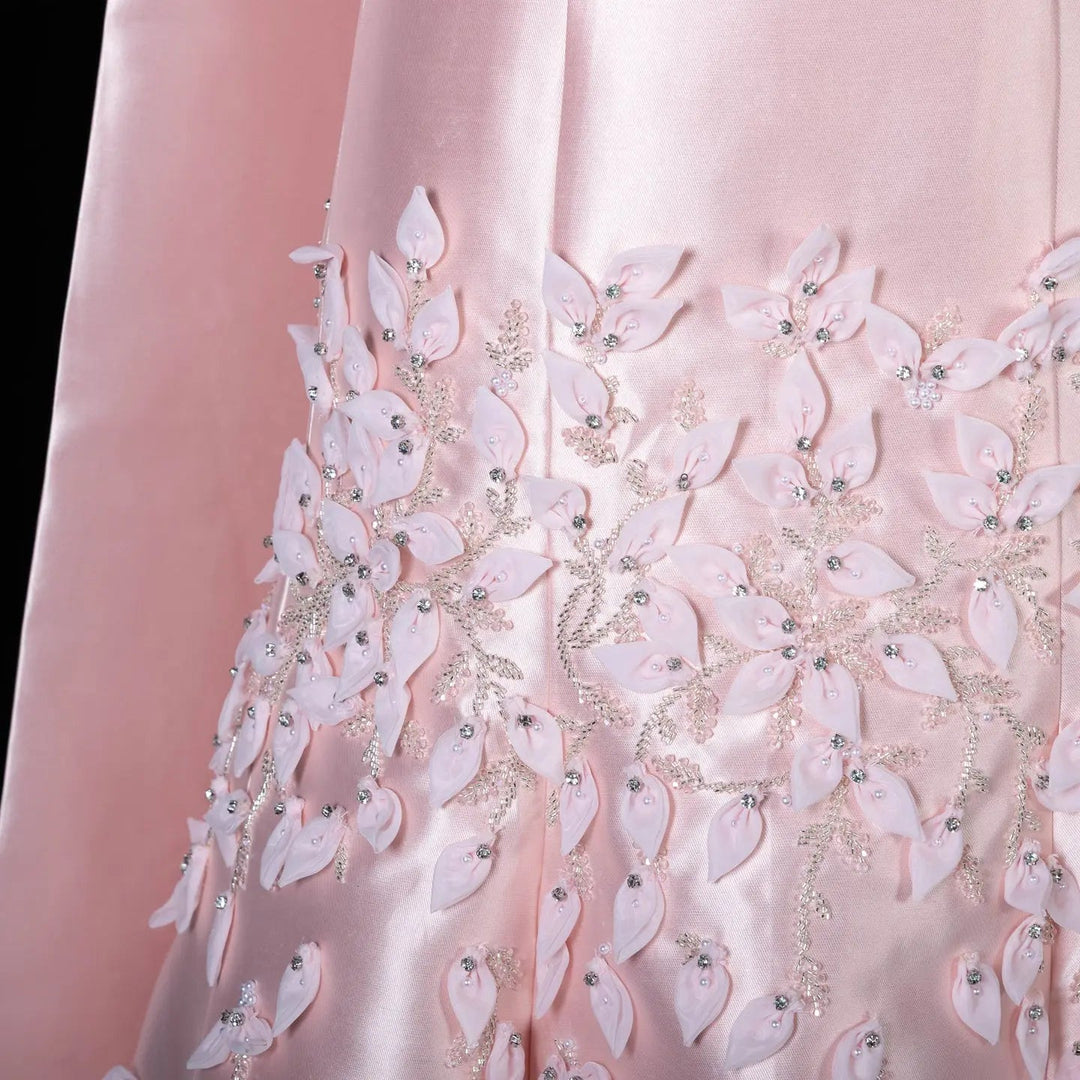 Luxury 3D Leaves Blush Pink Satin Evening Dress with Cape SS463