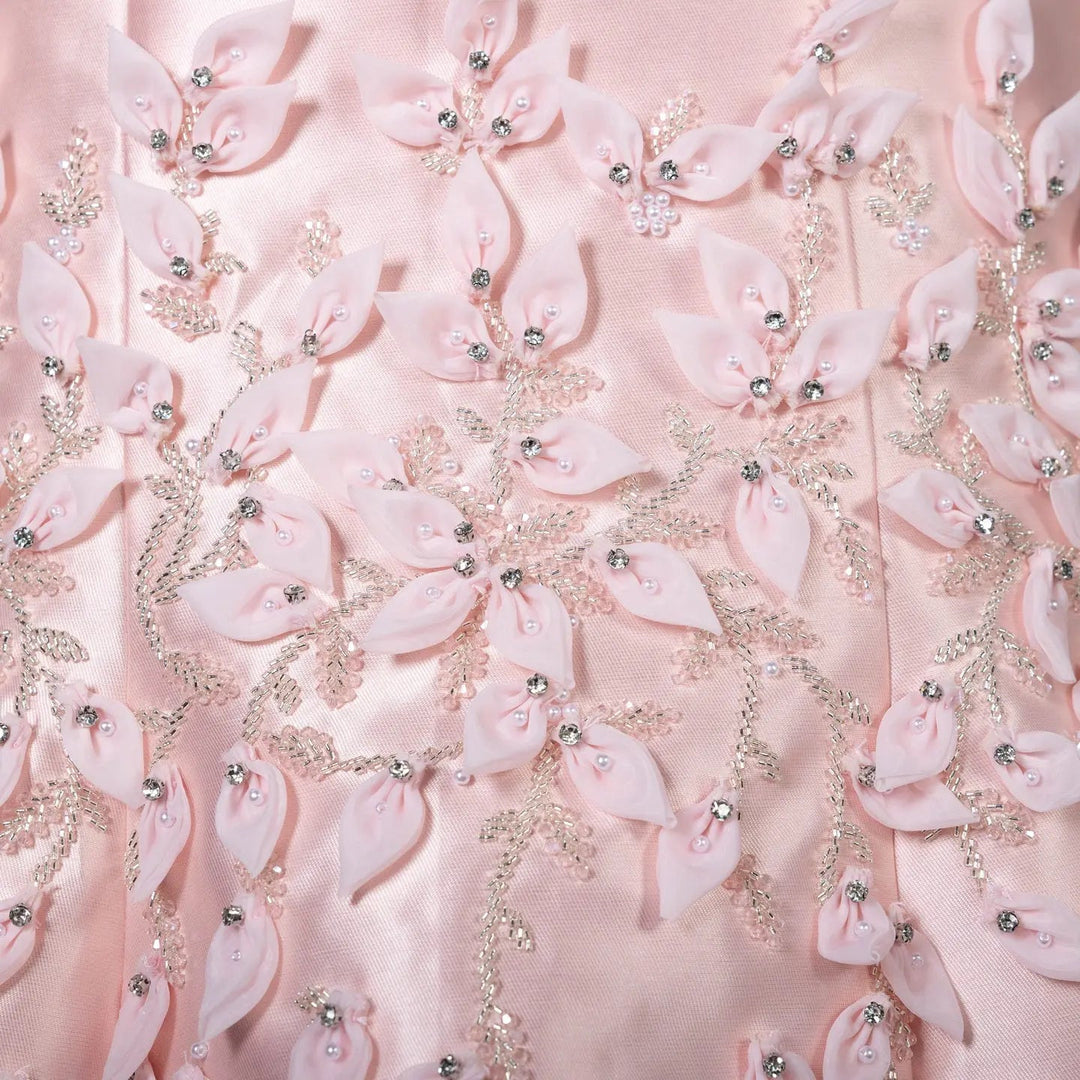 Luxury 3D Leaves Blush Pink Satin Evening Dress with Cape SS463