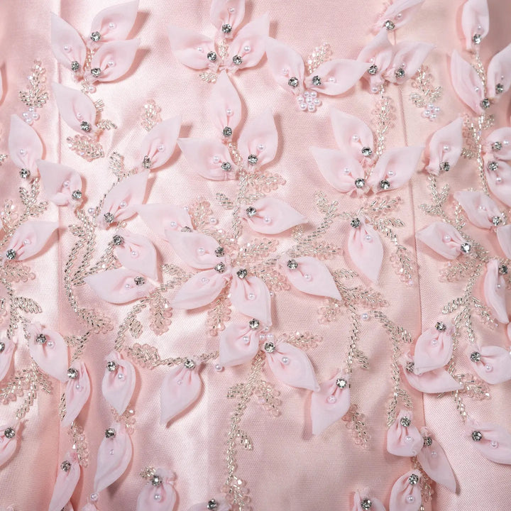 Luxury 3D Leaves Blush Pink Satin Evening Dress with Cape SS463