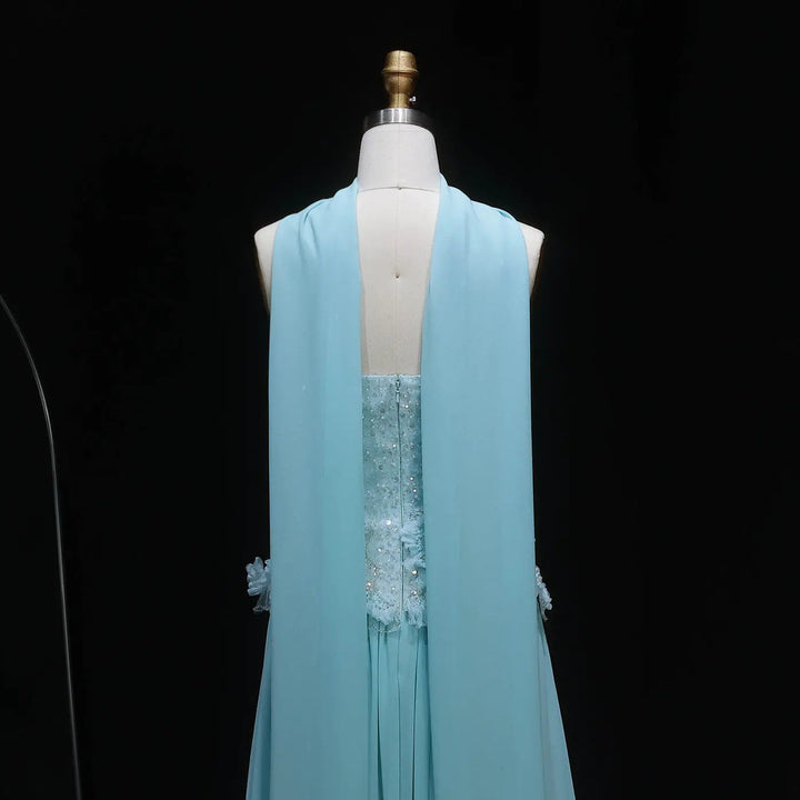 Elegant Aqua Strapless Evening Gown with Flowing Scarf SS274
