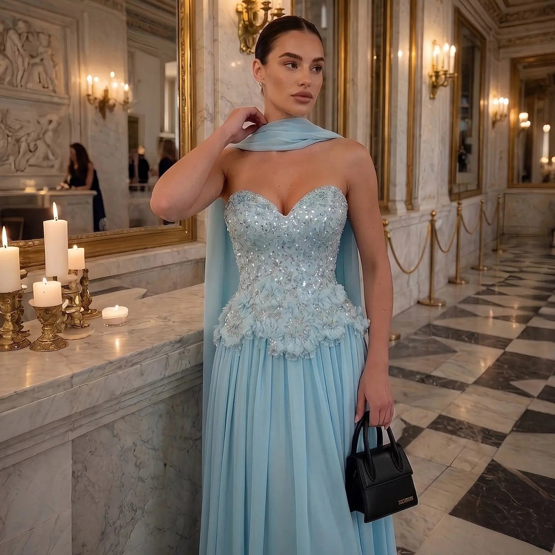 Elegant Aqua Strapless Evening Gown with Flowing Scarf SS274