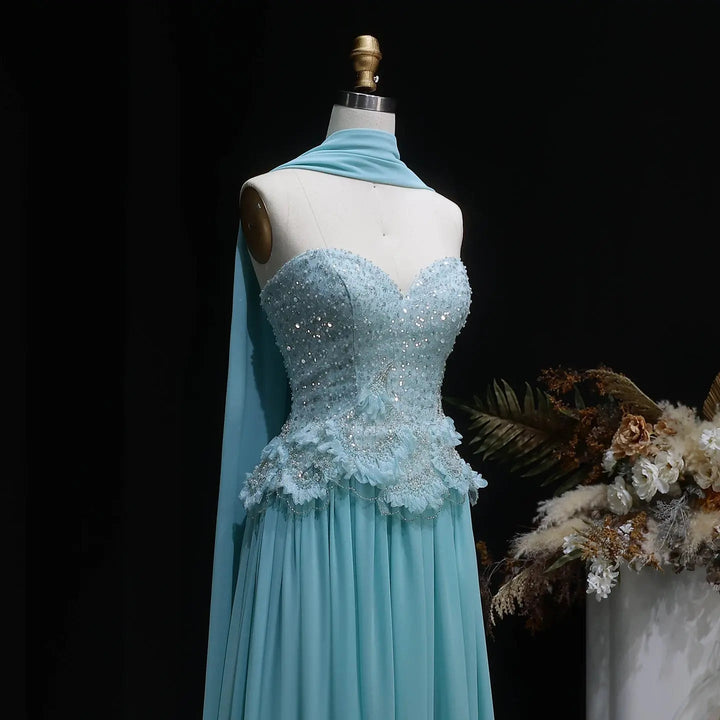 Elegant Aqua Strapless Evening Gown with Flowing Scarf SS274