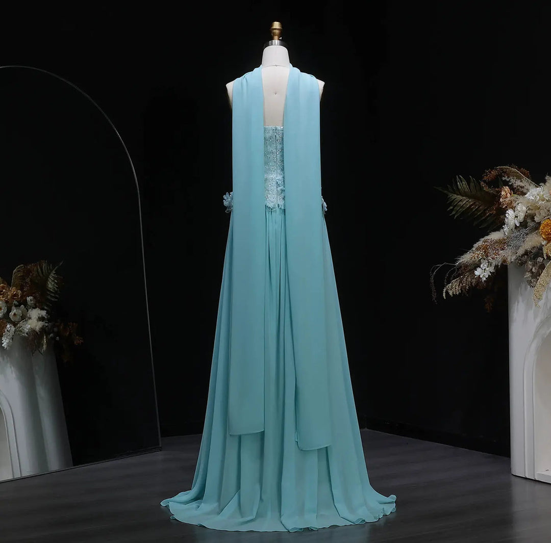 Elegant Aqua Strapless Evening Gown with Flowing Scarf SS274