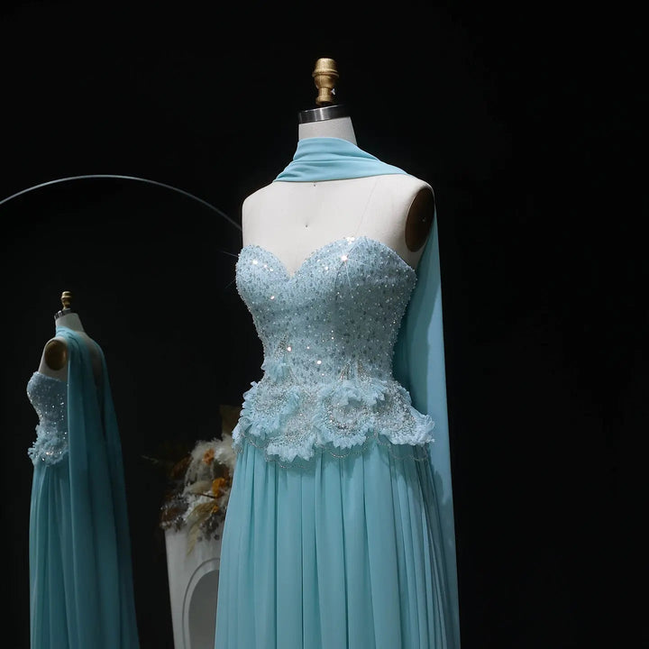 Elegant Aqua Strapless Evening Gown with Flowing Scarf SS274