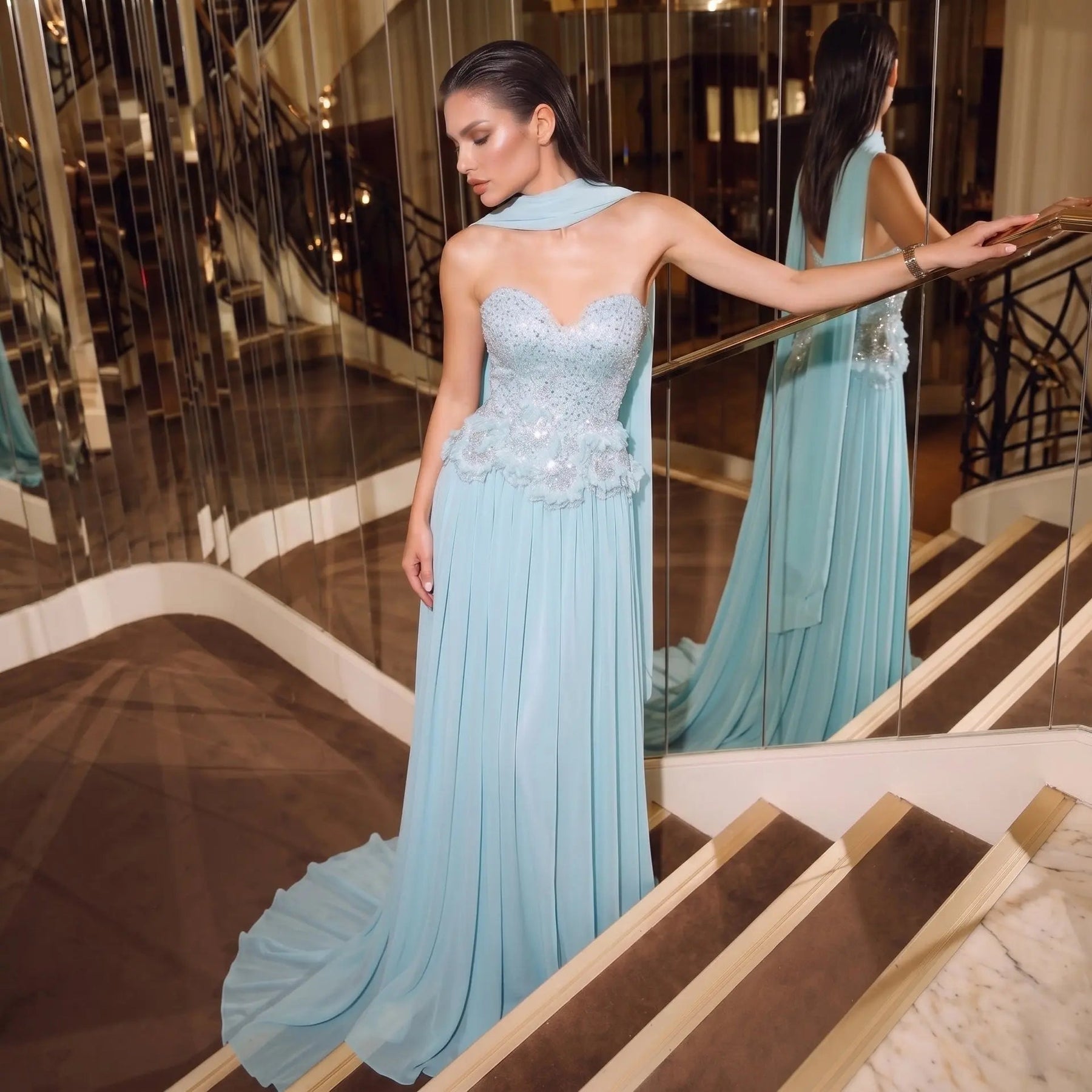 Elegant Aqua Strapless Evening Gown with Flowing Scarf SS274