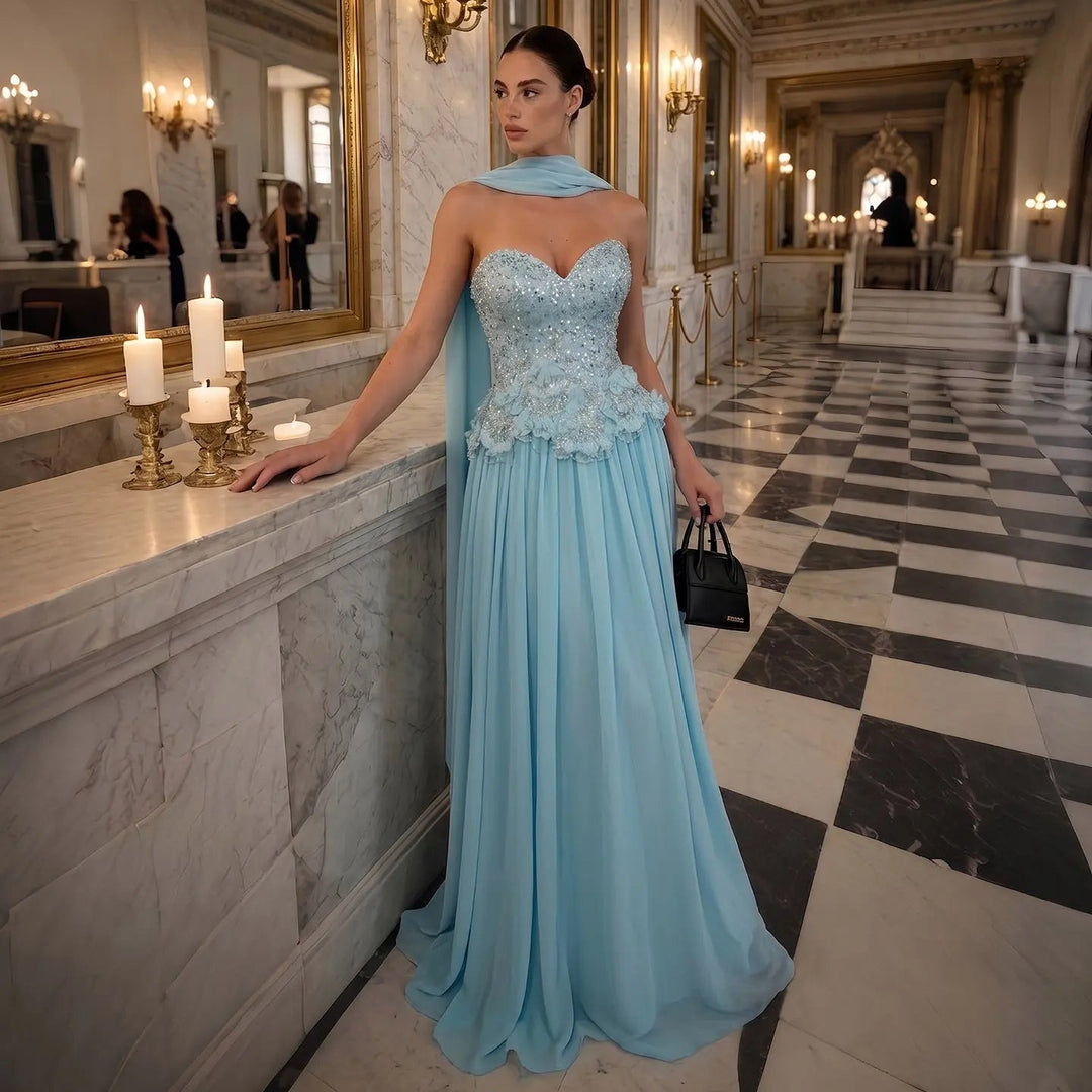 Elegant Aqua Strapless Evening Gown with Flowing Scarf SS274