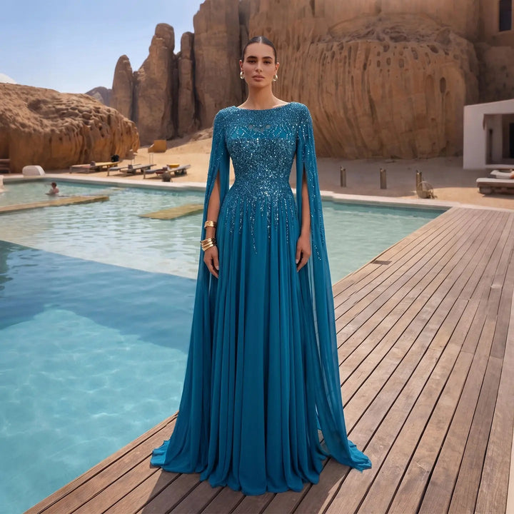 Elegant Beaded Cape Sleeve Chiffon A-Line Evening Dress SS105