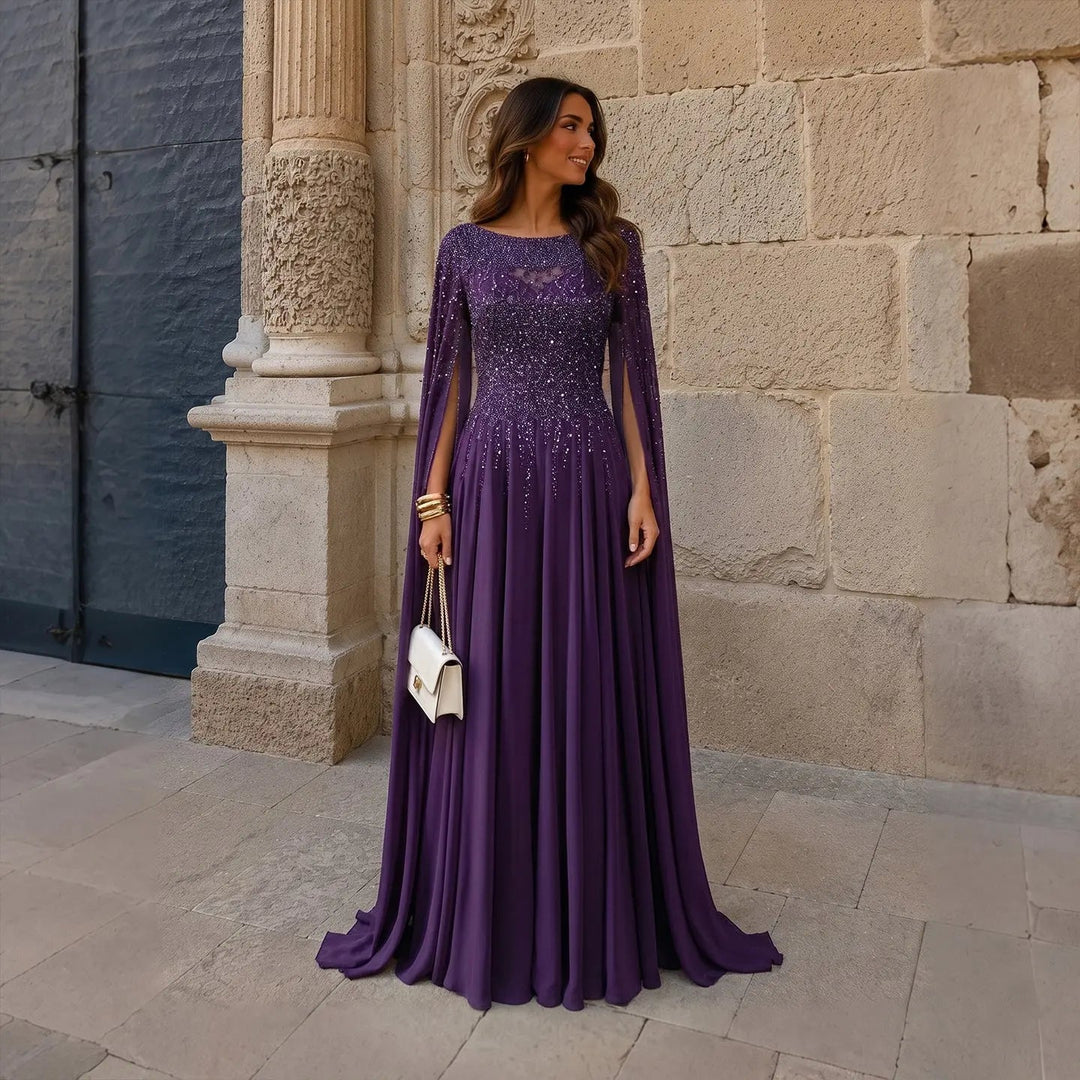 Elegant Beaded Cape Sleeve Chiffon A-Line Evening Dress SS105