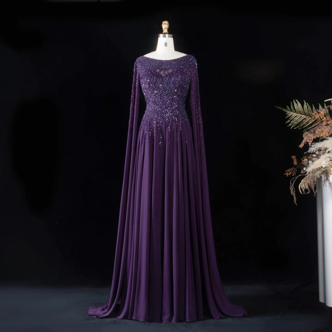 Elegant Beaded Cape Sleeve Chiffon A-Line Evening Dress SS105