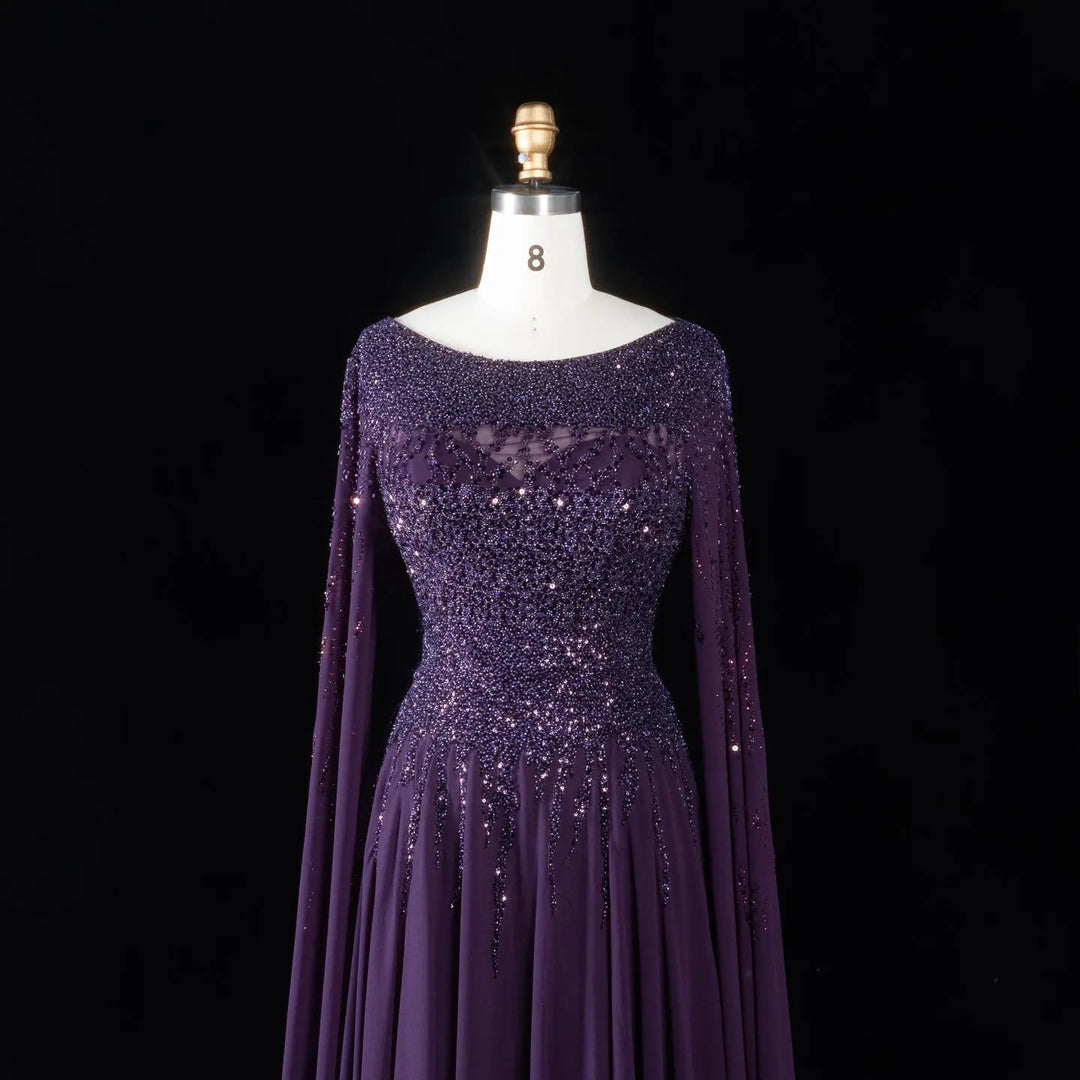 Elegant Beaded Cape Sleeve Chiffon A-Line Evening Dress SS105