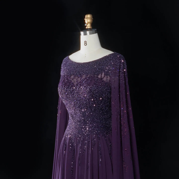Elegant Beaded Cape Sleeve Chiffon A-Line Evening Dress SS105