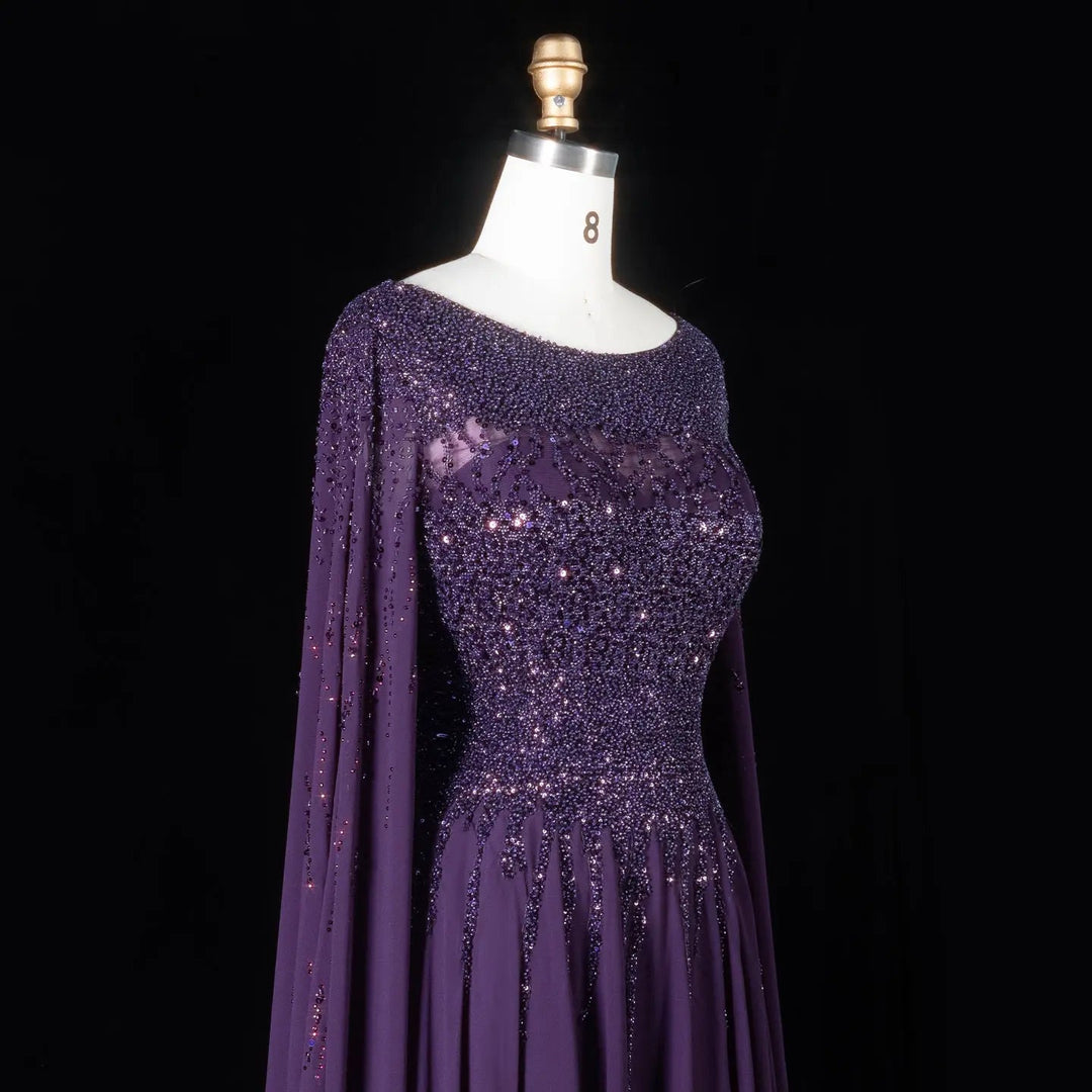 Elegant Beaded Cape Sleeve Chiffon A-Line Evening Dress SS105