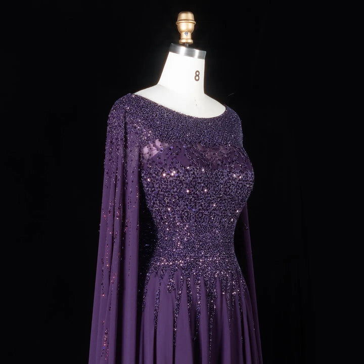 Elegant Beaded Cape Sleeve Chiffon A-Line Evening Dress SS105