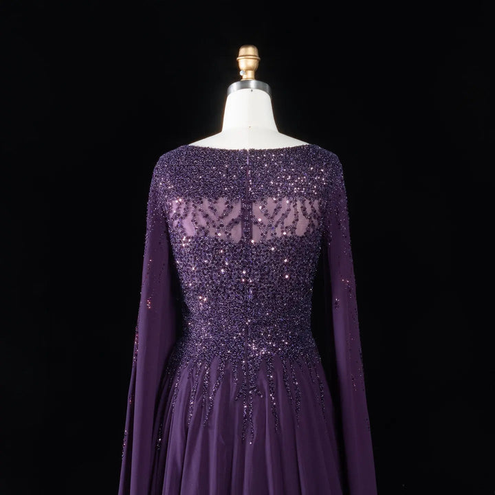 Elegant Beaded Cape Sleeve Chiffon A-Line Evening Dress SS105