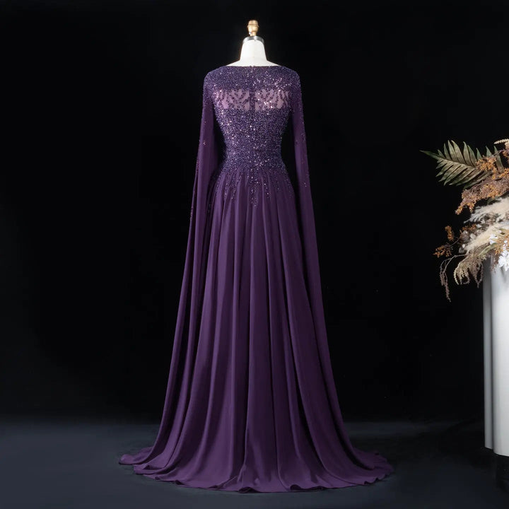 Elegant Beaded Cape Sleeve Chiffon A-Line Evening Dress SS105