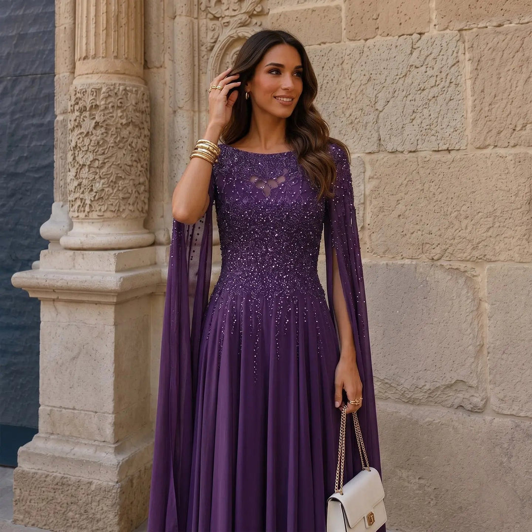 Elegant Beaded Cape Sleeve Chiffon A-Line Evening Dress SS105
