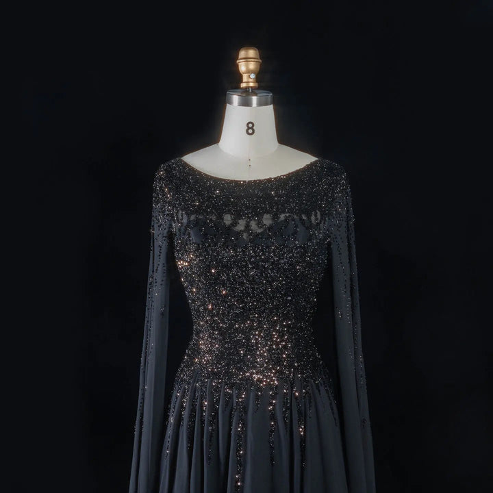 Elegant Beaded Cape Sleeve Chiffon A-Line Evening Dress SS105